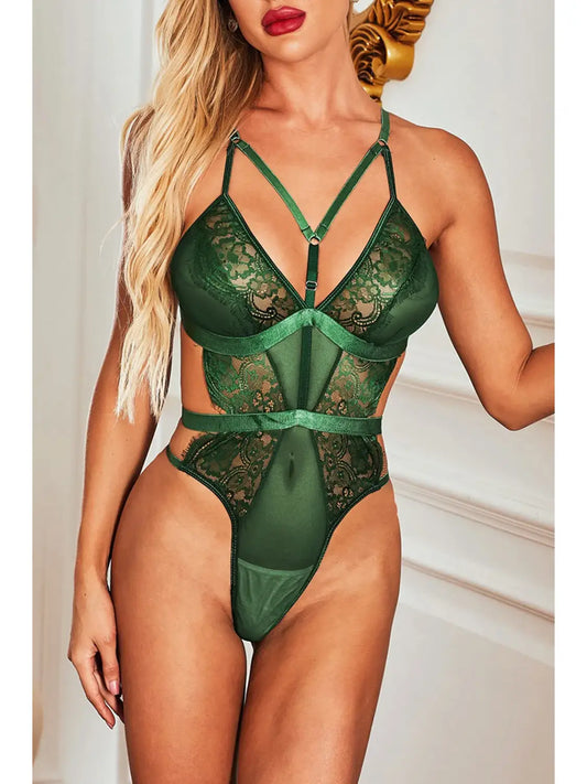 Ladies Hunter Green Lace, Satin , Mesh Teddy w/ Front Detail