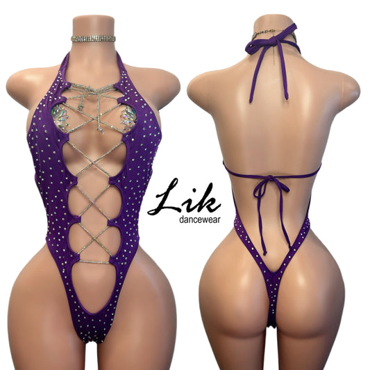 Glitz Sexy Rhinestone Lace Up One Piece