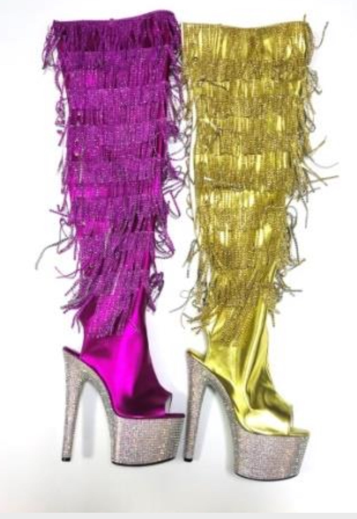 Lik Thigh High Rhinestone Fringe Metallic Boot