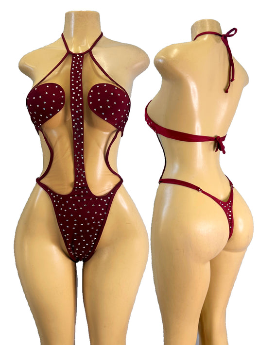 Selena Sexy Rhinestone Bodysuit with Mesh Panels for Strippers