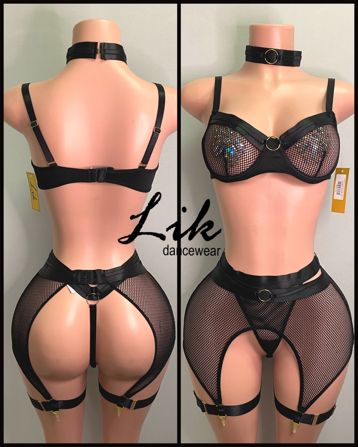 Ladies Fishnet Bra Set ,Skirt and Choker w/ Garters