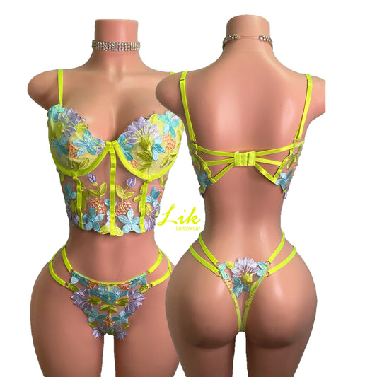 Sexy Neon Blue & Yellow Floral Embroidery Corset Bra & Thong